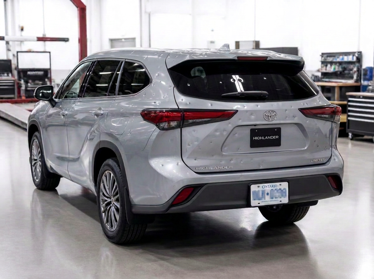 Silver Toyota Highlander with hail dents across the roof and rear hatch
