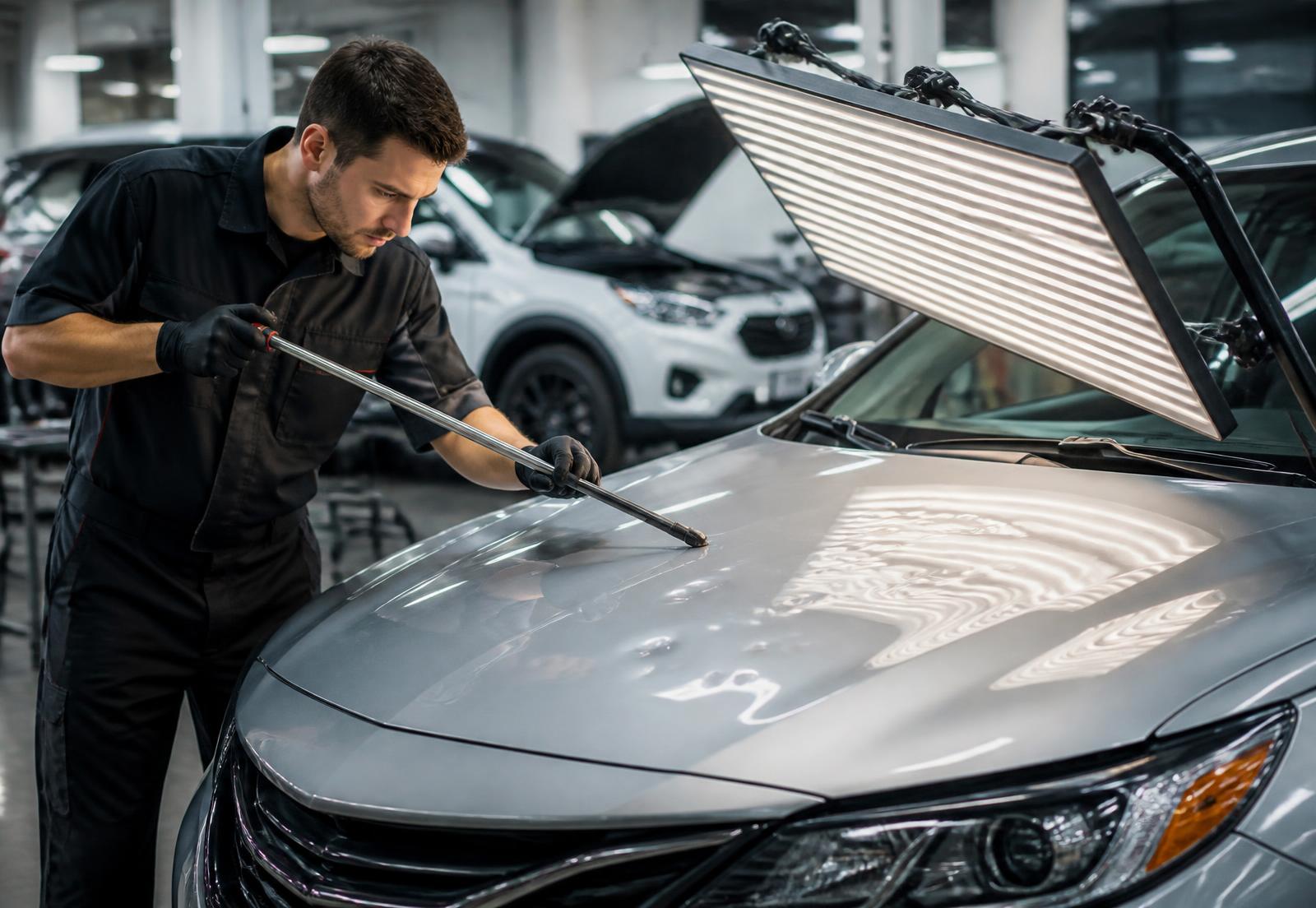 Technician performing paintless dent repair on a hail-damaged vehicle hood